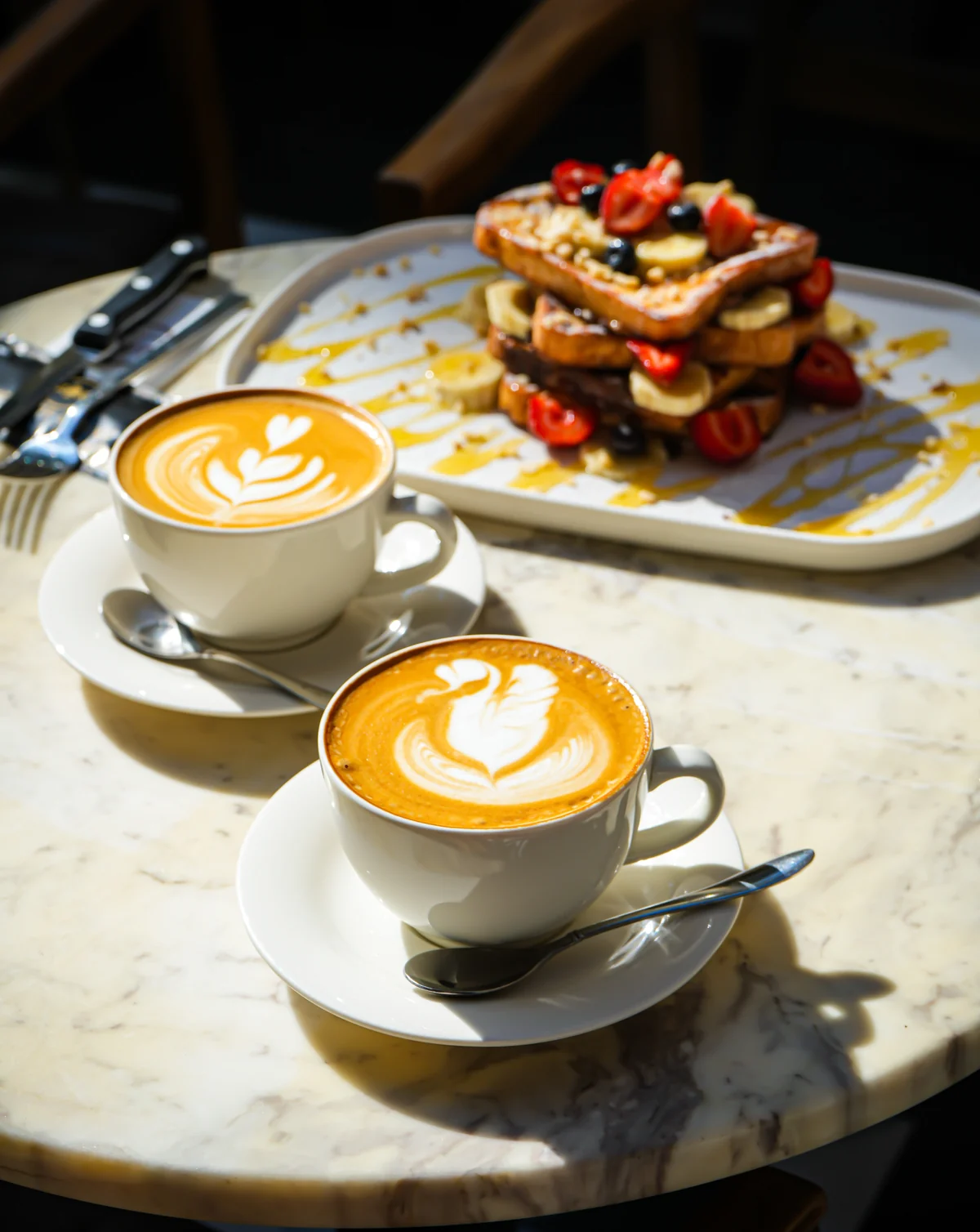 Le Petit Moulin'in mermer masasında yaprak desenli latte art'lı iki fincan kahve, arkada meyveli French toast tabağı